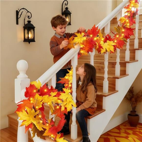 Fall Leaf Garland Lights 9Ft Orange Maple Leaves Indoor Outdoor Thanksgiving Dec - Picture 3 of 7